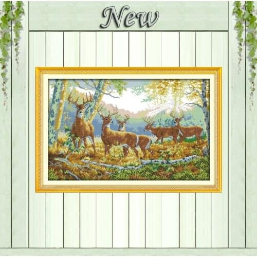 Five deer in forest animal scenery painting counted printed on canvas DMC 11CT 14CT Cross Stitch kits needlework Sets embroidery