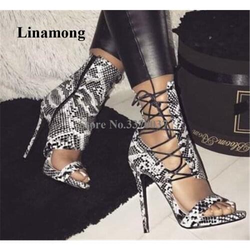 Women Sexy Fashion Open Toe Snake Leather Stiletto Heel Gladiator Sandals Side Cut-out Lace-up High Heel Sandals Dress Heels