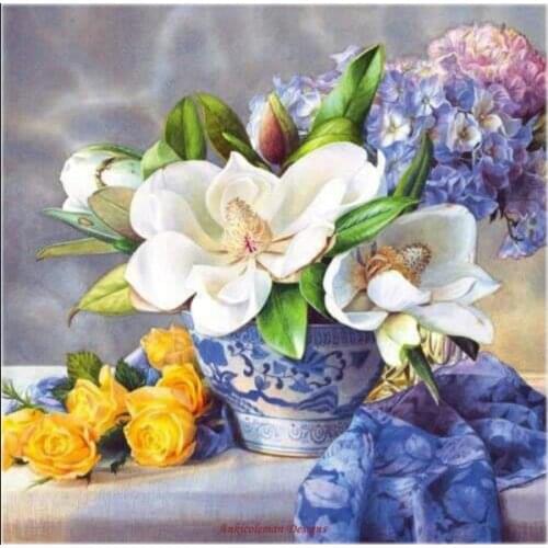 Counted Cross Stitch Kits Needlework Embroidery - Crafts 14 ct Aida DMC Color DIY Arts Handmade Home Decor - Magnolia Bouquet