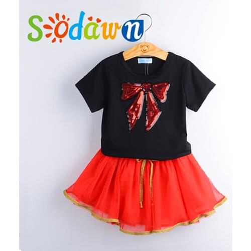Sodawn Girls Of Summer Leisure Clothes Style Bowknot Design Short Sleeve Skirt + 2 Pc Set Of Children Clothes