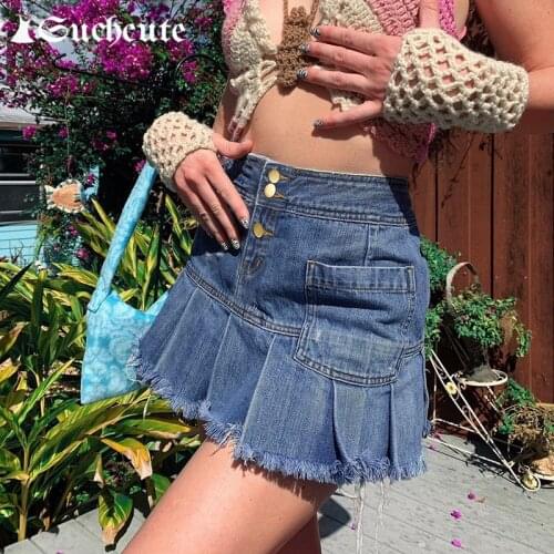 SUCHCUTE Streetwear High Waisted Denim Mini Skirts Summer Gothic Jeans Pleated Skirts For Women Harajuku Basic Female Skirts