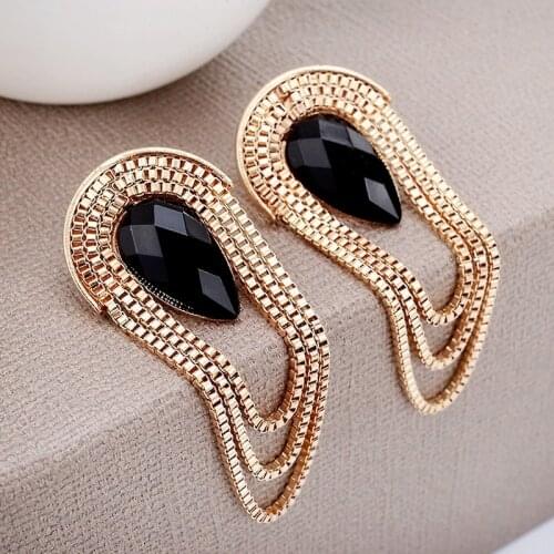 Vintage Gold Color Long Tassel Big Earrings For Women Black Crystal Metal Cross Earrings Korean Fashion Jewelry Friendship Gifts