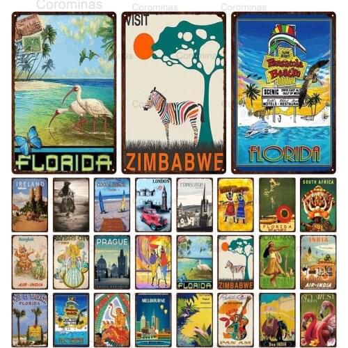 Vintage Abstract Zimbabwe Florida City Metal Tin Sign Hot Sell Tourism Landscape Colorful Iron Poster Bar Home Wall Decoration