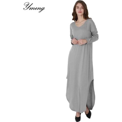 YMING Solid Split Long Maxi Dress Women Long Sleeve Party Loose Dresses Casual V Neck Beach Dress Vestidos De Fiesta De Noche