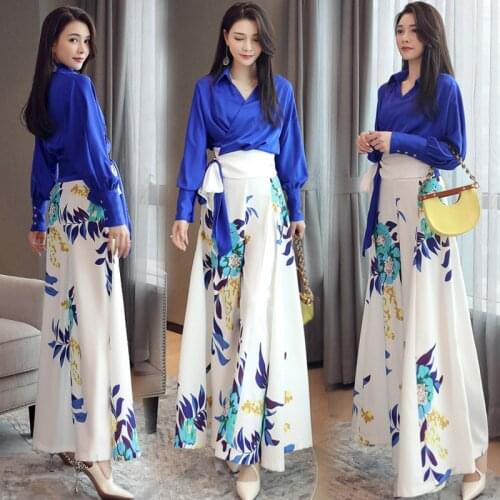 Autumn Ladies Clothing Solid Color Long-sleeved Western-style Blouse + Printed Waist Wide-leg Pants Womens Two-piece Suit WK21