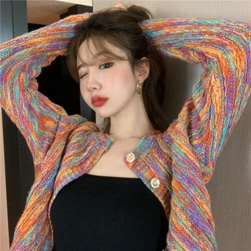 Hi Girl Spring Autumn Rainbow Colorful Open Stitch Women Slim Long Sleeve Color Patch Short Cardigan Chic Korean sweater Female