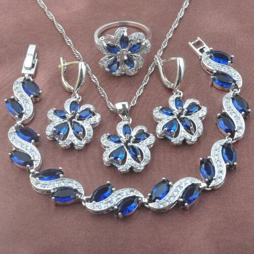 2020 New Fashion Blue Zirconia Silver Color Womens Jewelry Sets Wedding Gift Bracelet Necklace Pendant Earrings Ring YZ0532