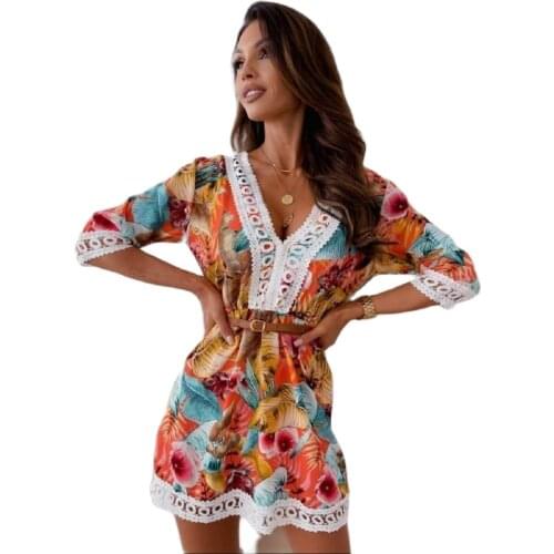 Summer Women Boho Print Dress Half Sleeve V-Neck Short Dress Streetwear Elegant Ladies Clothing Vintage Blue Dresses Vestidos