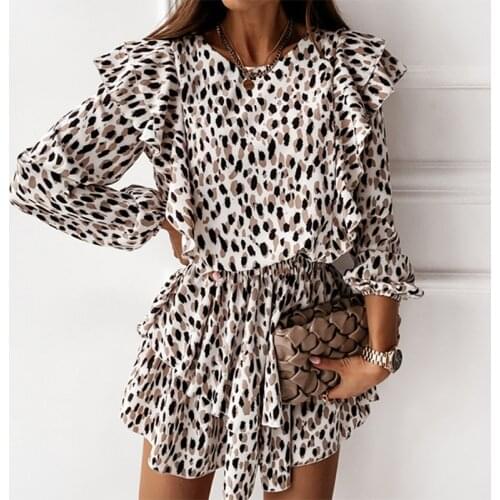 Foridol Ruffle Leopard Print Long Sleeve Autumn Winter Dress Robe Femme Casual Plus Size Office Ladies Short Dress Party