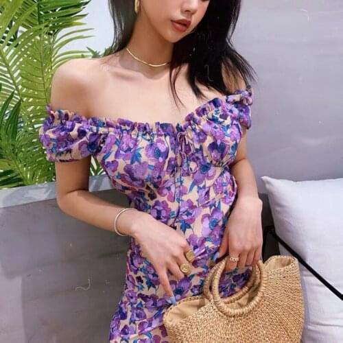 Sexy Retro Purple Floral Dress Summer New Sweet Puff Sleeve Chiffon Strapless Dress Dresses For Women Party