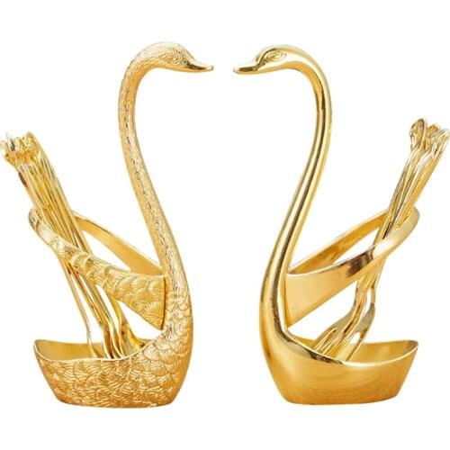 1pcs Elegant Golden Swan Holder +6 pcs Fork/Spoon Fashion Metal Swan Seat Holder Cutlery Rack Sawan Tableware Creative Gifts