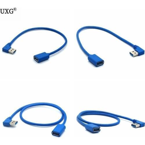 1Pcs USB 3.0 Right Left Angle 90 Degree Extension Cable Male To Female Adapter Cord USB Cables Blue Color 30cm 50cm