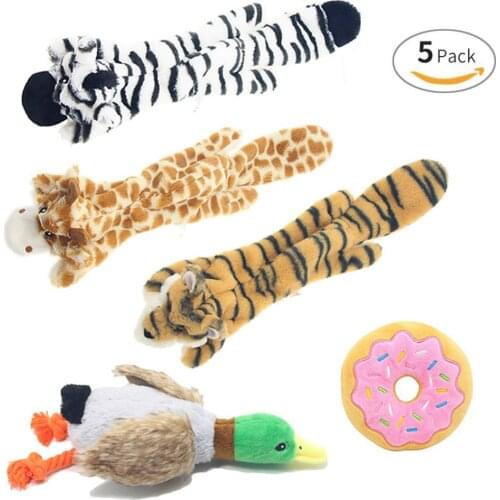 5pcs/sets Plush Toys Squeak Pet Tiger Zebra Deer Duck Animal Donuts Fleece Toy Dog Chew Squeaky Whistling Involved Squirrel Toys
