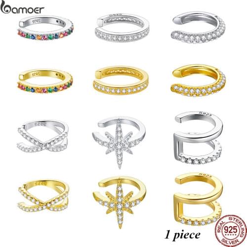 BAMOER 1PC Ear Cuff 925 Sterling Silver Clip Earrings for Women Gold Color Spain Fashion Jewelry Rhinestone Tiny Earrings SCE994