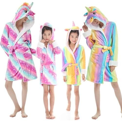 Unicorn Bathrobe Family Matching Clothes Flannel Soft Girl Sleepwear Hooded Mom and Daughter Pajamas Children Bath Robes Clothes