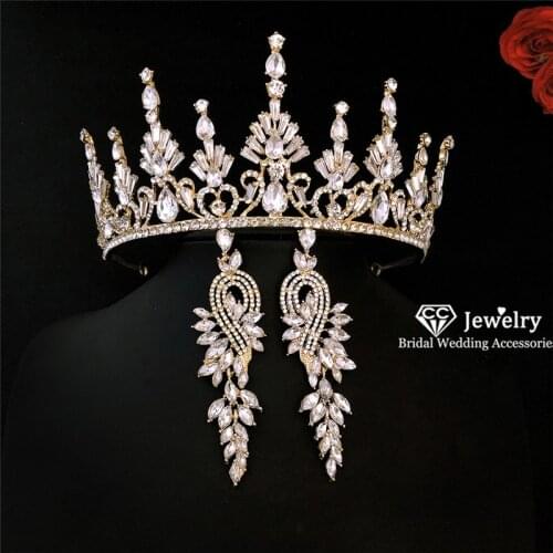 CC Bridal Hair Jewelry Set Crown Tiara Hairband Drop Earring Engagement Wedding Accessories for Women Queen Crowns Gift HG0311