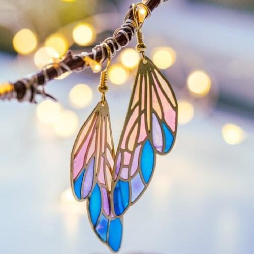 Colorful Cicada Wing-liked Alloy Earrings Gradient Color Acrylic Wing Earring Pendant Ear Jewelry for Women BN