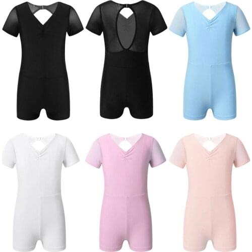 Kids Girls Short Sleeves Tulle Splice Pinched Front Cutouts Back Ballet Dance Gymnastics Leotard Unitard Biketard Dancewear