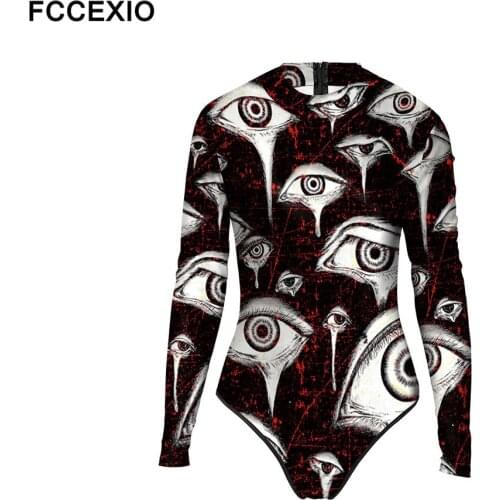FCCEXIO Halloween Scary Eyes Print Women One-Piece Swimsuit Summer Casual Long Sleeve Beachwear Bathing Suit Sexy Tight Swimwear
