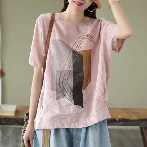Cotton Linen Print Tee Shirt Femme Big Size Tops Summer New Arts Style Women Short Sleeve O-Neck Loose T-Shirt Vintage