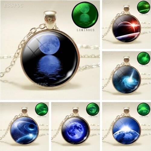 Blue Galaxy Starry Sky Moon Glass Cabochon Pendant Glow In The Dark Luminous Necklace Fashion Accessories for Women Lovers Gifts
