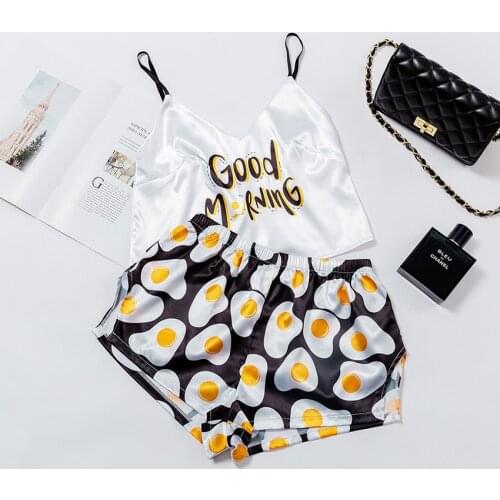 Two-Piece Sexy Silk Pyjamas Women 3D Printing Eggs Pattern Pijama mujer Sleeveless Gallus Pajamas Sets Sleeveless Leisure Wear