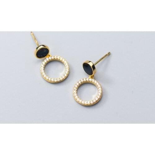 MloveAcc Ins Popular Black Enamel Stud Earrings w/ Shiny CZ Loop Charm Earrings for Women