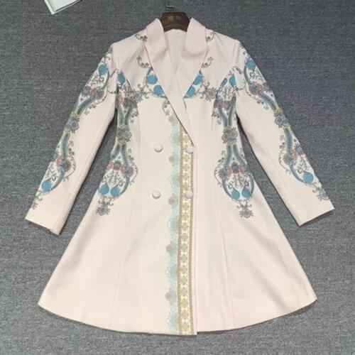 Fashion Designer Autumn Long Coat Women Double Breasted Flower Printed Vintage High Quality Top