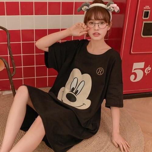 Casual Cartoon Mickey Mouse Nightgowns Women Short Sleeve Night Dress Summer Knit Cotton Sleepwear Dress Women Pyjamas Plus Size
