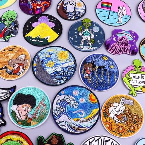 Van Gogh Patch Iron On Patches For Clothes Cartoon Letter Patch Stripe Badge Embroidery Sew On Clothes Alien Patches Applique