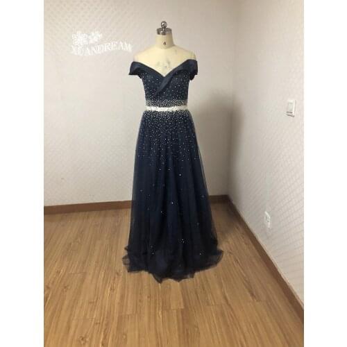 Real photo heavy beads evening gown vestido sirena robe de soiree grande taille elegant tulle long evening dresses 2019 XD-62