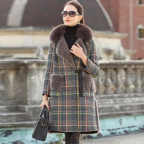Coat Fur Real Female Lamb Fur Tweed Jacket 2020 Winter Jacket Women Fox Fur Collar Long Coats Korean Outwear MY3699 s