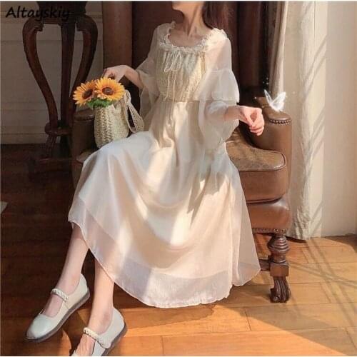 Solid Dresses Women Chiffon Lace Flare Sleeve Square Collar Korean Style Chic Elegant Vestido Feminino Female Popular Spring Ins