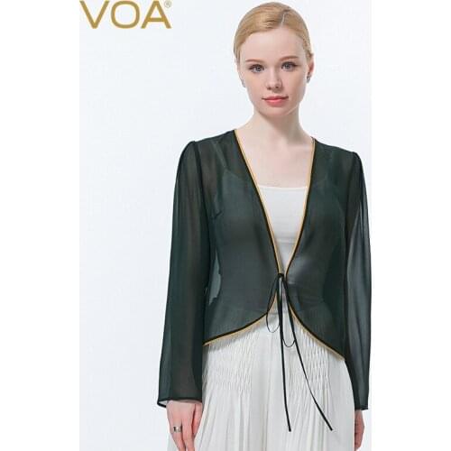 VOA Silk Georgette Edging Strap Design Micro-transparent Refreshing Sunscreen Air-conditioning Shirt Outside The Jacket WE108