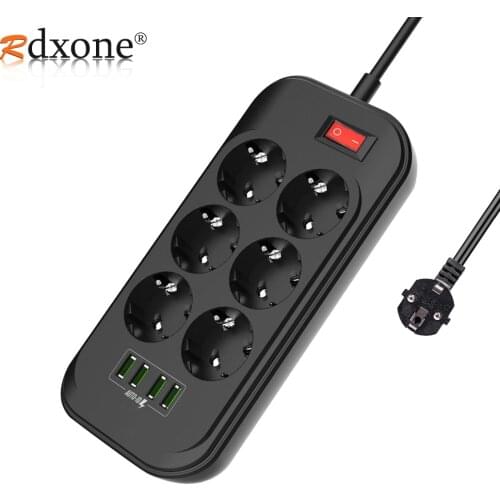 Rdxone EU Smart Power Strip Socket 4 USB 6 AC Outlets,2M Power Cord Wall Charger Adapter for Home Office Global