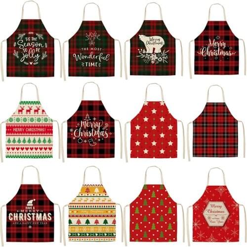 Merry Christmas Linen Plaid Apron Home Kitchen Accessories Baking Cleaning Decoration Apron Christmas Party New Year Gift