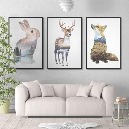 Modern Animals And Landscape Painting Rabbit Fox Poster Home Print Canvas Painting Picture Bedroom Wall Art Decoration Custom