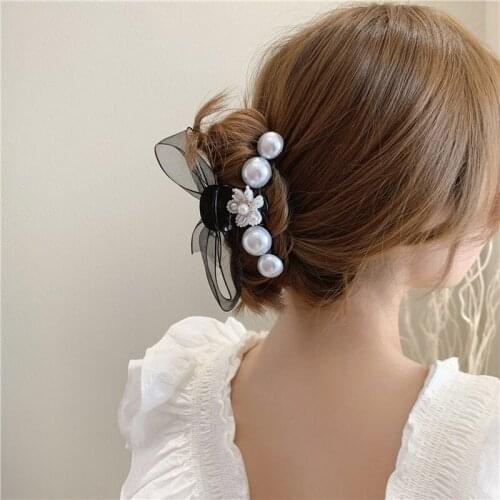 Korean Floral Hair Claws Pearl Flower Grip Clamp Yarn Bow Ribbon Hairpins Pearl Hair Claw Clip Hair Accessories for Girls Women