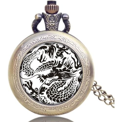 Vintage Pendant Watches Chinese Dragon Theme Glass Dome Case Design Retro Quartz Pocket Watch High Quality with Chain Necklace