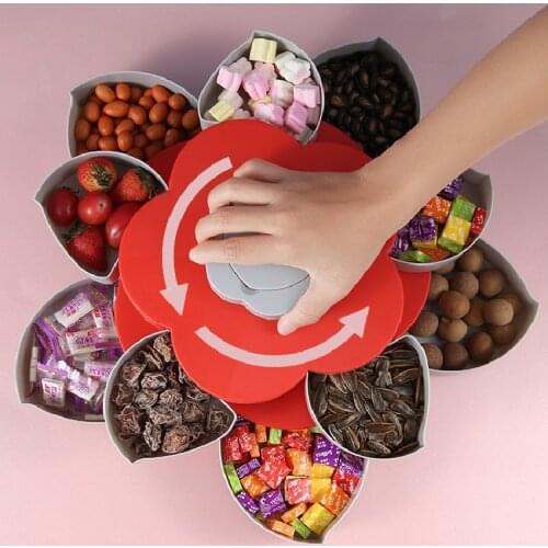Rotating Flower Petal Fruit Plate Creative Candy Storage Boxes Plastic Lazy Snack Nuts Dish New Year Party Wedding Food Tray
