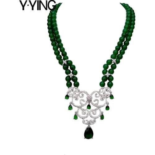 Y.YING 18" Round Green Jades choker Necklace Cubic Zirconia Pave Pendant necklace