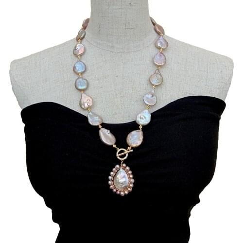 YYGEM natural Freshwater Cultured Purple Keshi Coin Pearl Necklace 32mm Pearl Pendant 18"