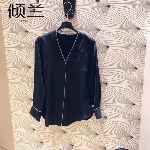Patads French spring and summer silk trim V-neck Pajama Style Long Sleeve Silk Shirt Top lady c11679e
