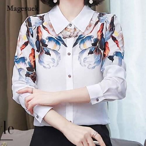 2020 New Spring and Autumn White Silk Shirt Womens Long-Sleeved Elegant Retro Printed Mulberry Silk Shirt Chemisier Femme 10720