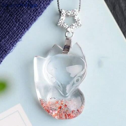 Wholesale Gold Strawberry Natural Crystal Pendant Hand Carved Fox Pendant Sweater Chain Necklace for Women Crystal Jewelry
