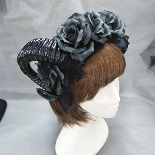 Black Witches Vamp Gothic Horn Pan Flower Crown Headband Halloween Cocktail Party Headpieces Fancy Dress Accessories