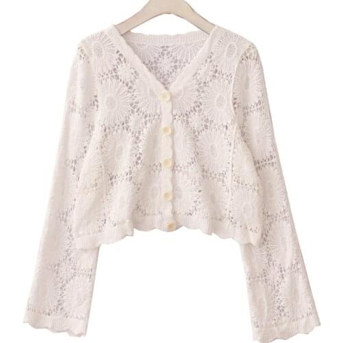 Women Spring Autumn Sltylish Floral Hollow Out Loose Knitted Cardigans Long Sleeve V-Neck Vintage Short Sweater Coat