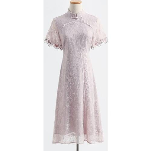 New-Coming Chinese Style Lace Cheongsam Summer Elegant Embroidery Butterfly Sleeve Dress Women A-Line Short Sleeve Dresses Party