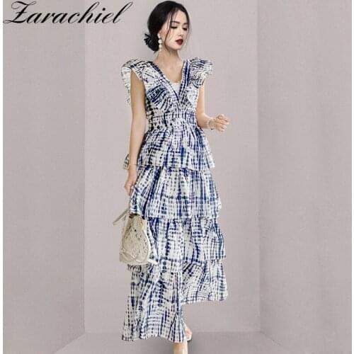 Summer Bohemian Print Tie-Dye Bronzing Golden Layered Cake Dress Female Ruffled Cuff V Neck Backless Lace Up Maxi Party Vestidos