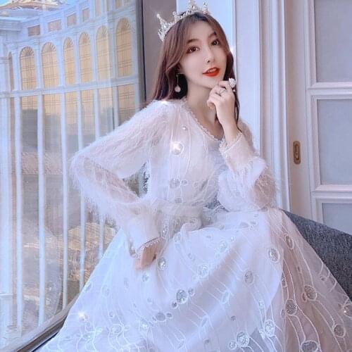 2021 Spring Autumn New Women Elegant Fashion Style O Neck Mesh Sequined Tassel Long Sleeve Party Dresses Female Vestidos Y546